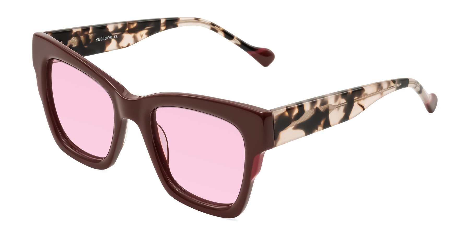 Angle of Yatole in Maroon/Ivory Tortoise with Light Pink Tinted Lenses