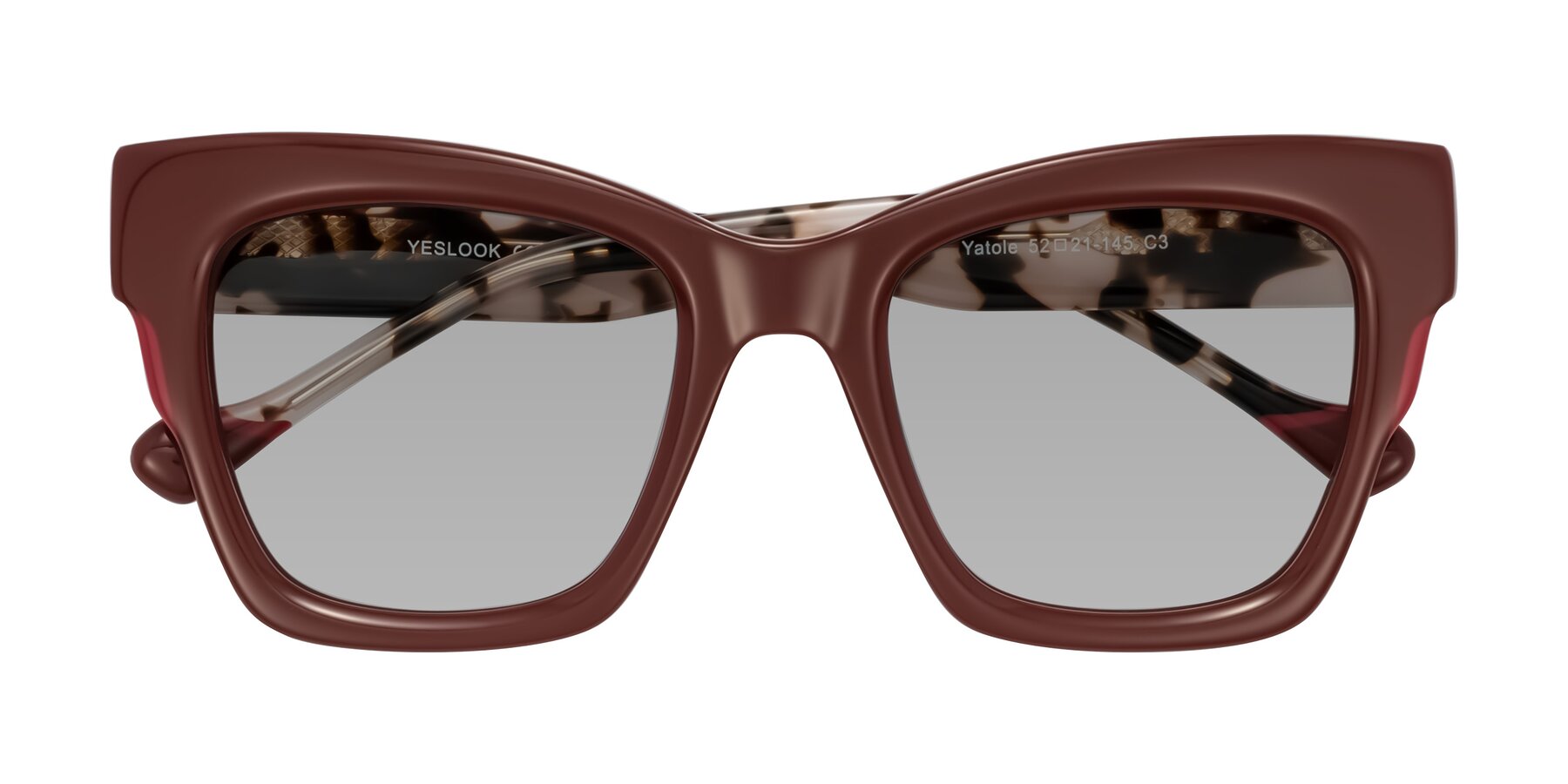Folded Front of Yatole in Maroon/Ivory Tortoise with Light Gray Tinted Lenses