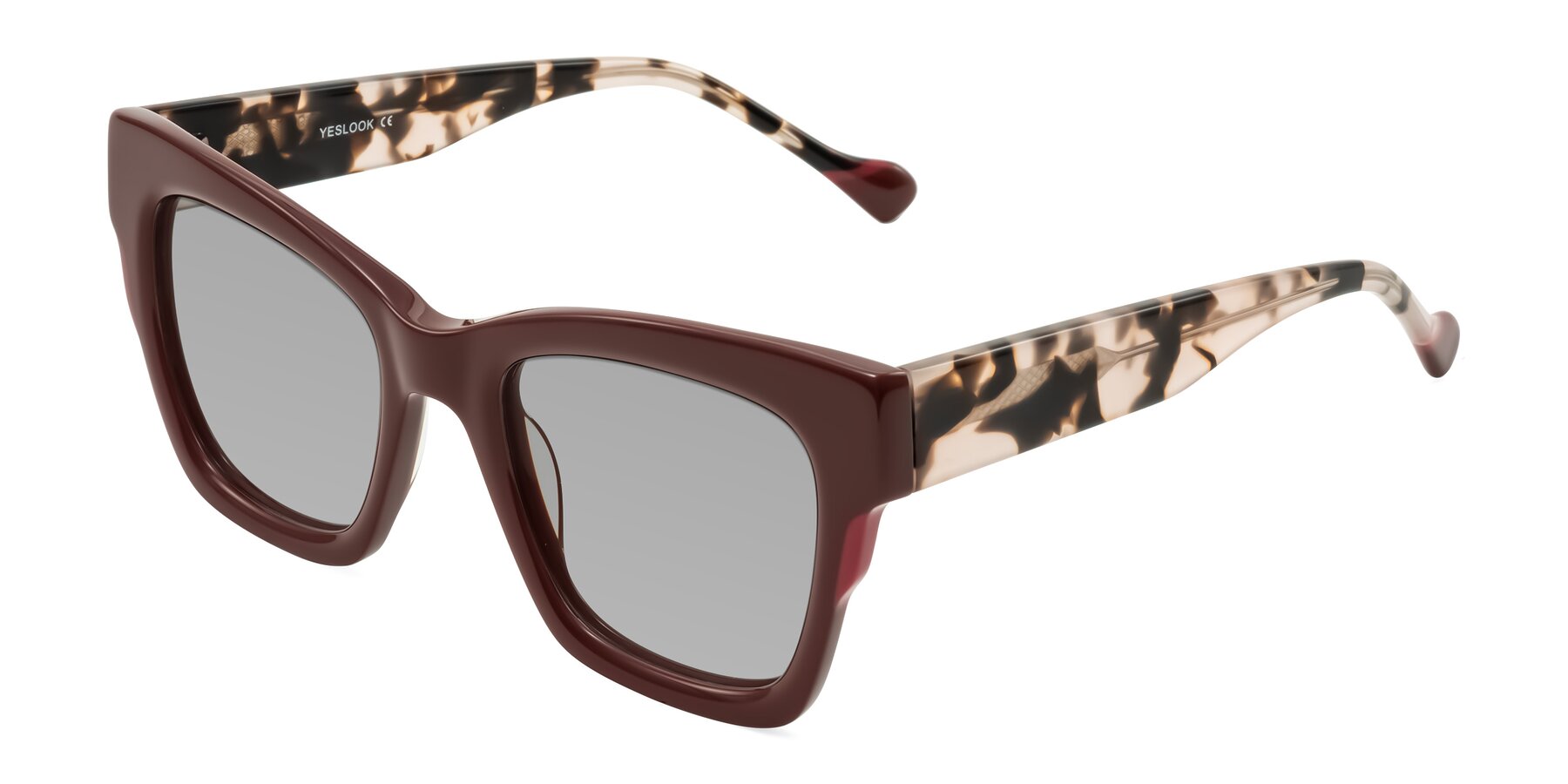 Angle of Yatole in Maroon/Ivory Tortoise with Light Gray Tinted Lenses