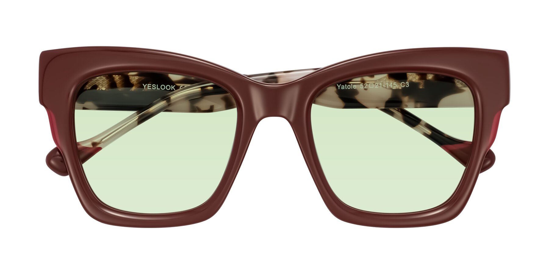 Folded Front of Yatole in Maroon/Ivory Tortoise with Light Green Tinted Lenses