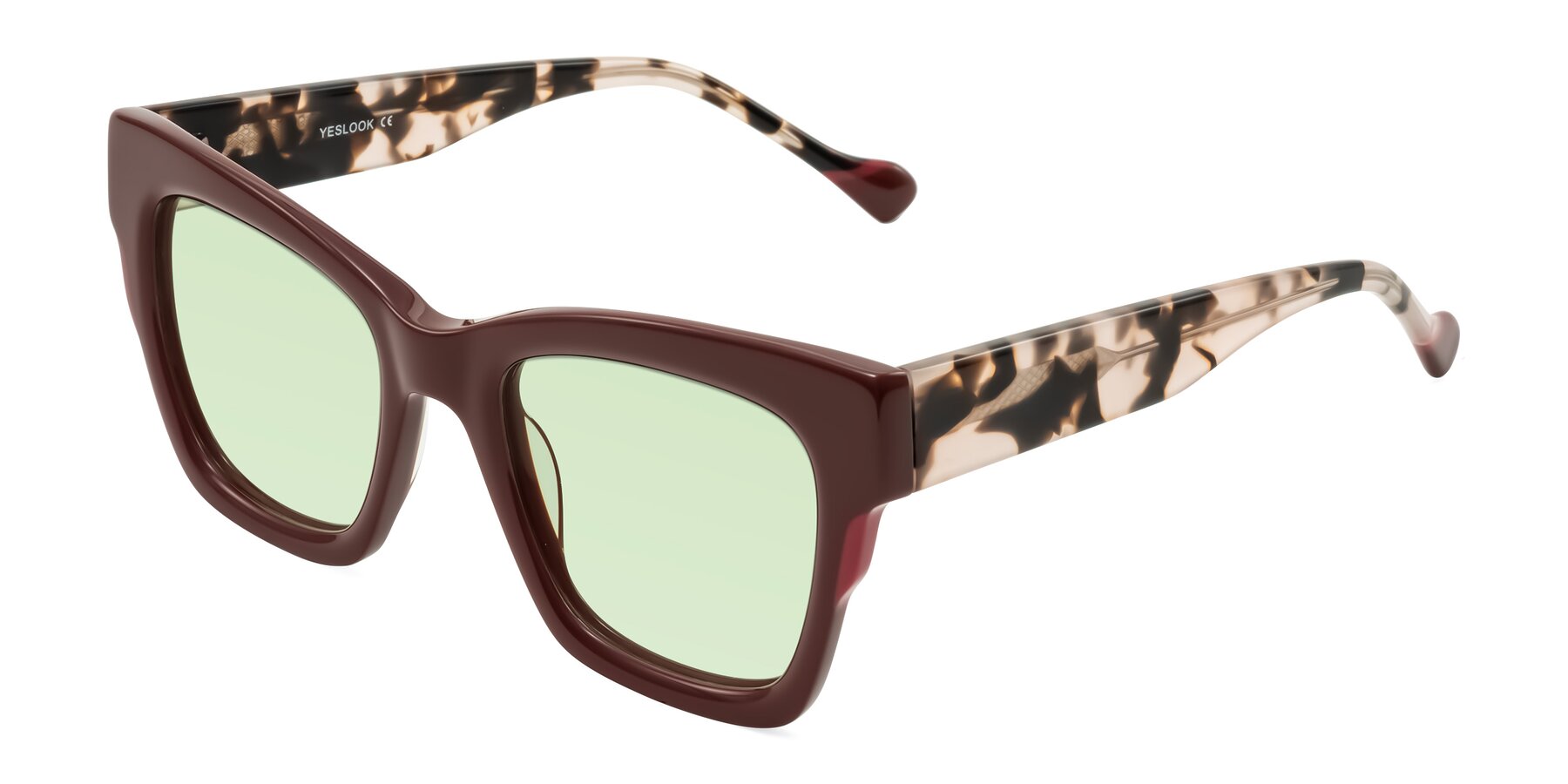 Angle of Yatole in Maroon/Ivory Tortoise with Light Green Tinted Lenses