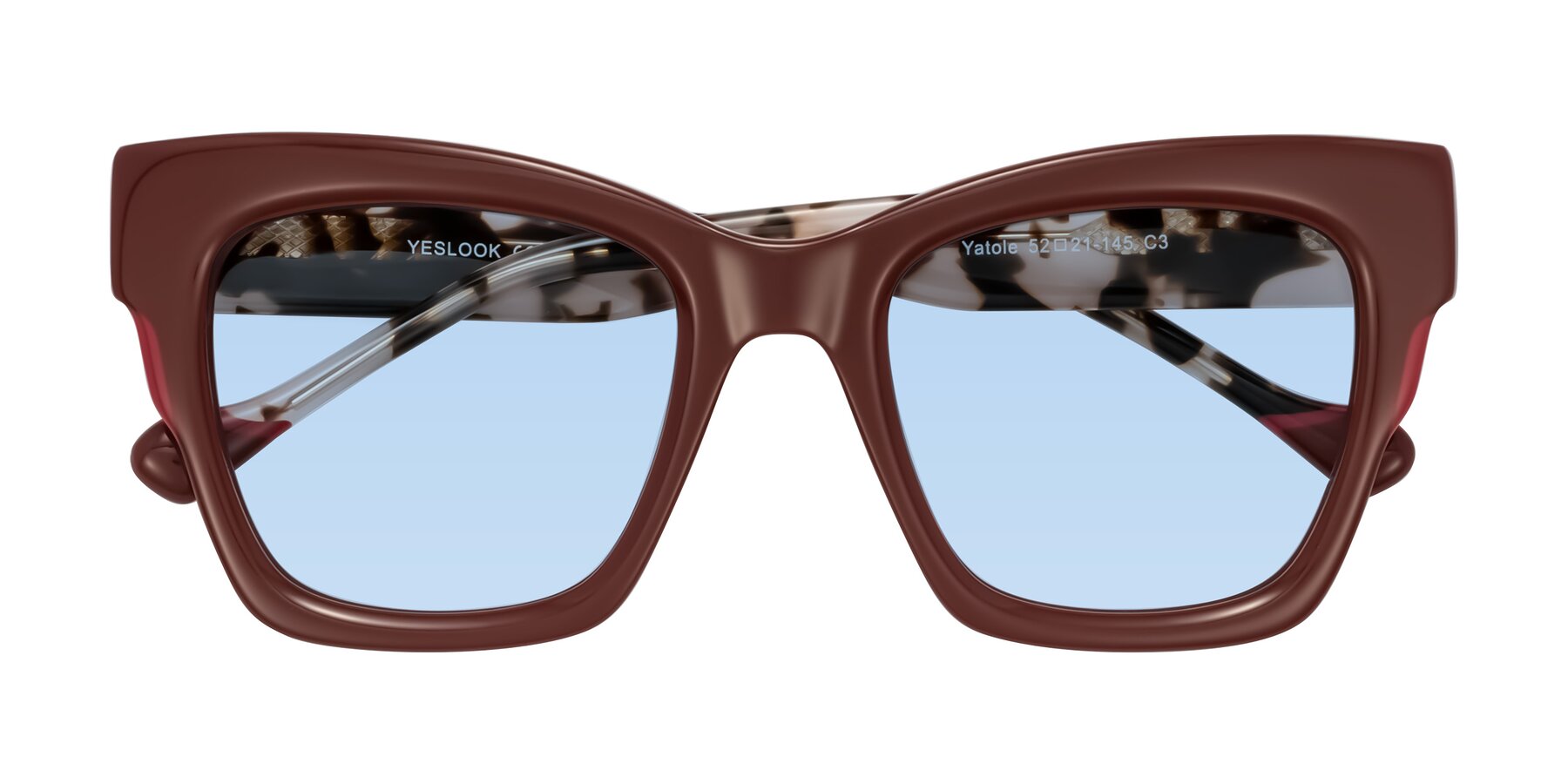 Folded Front of Yatole in Maroon/Ivory Tortoise with Light Blue Tinted Lenses