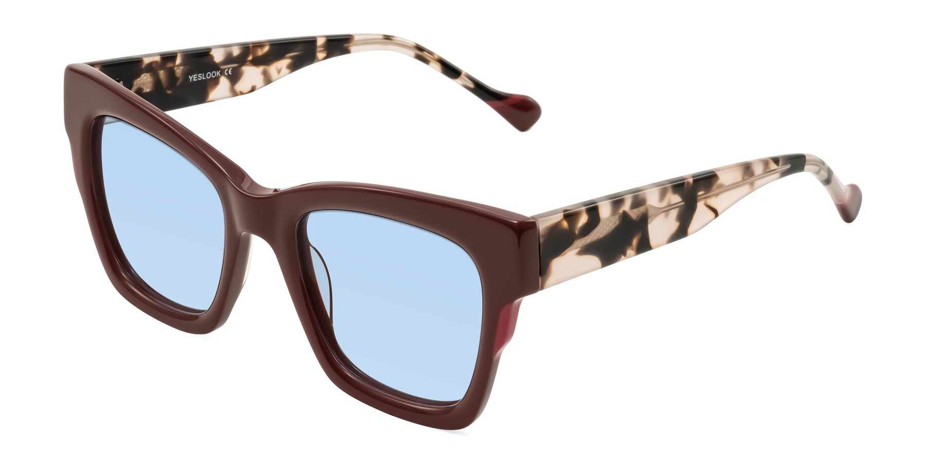 Angle of Yatole in Maroon/Ivory Tortoise with Light Blue Tinted Lenses