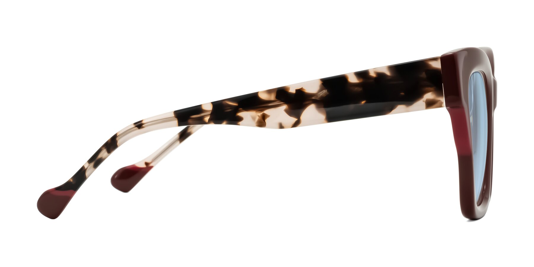 Side of Yatole in Maroon/Ivory Tortoise with Light Blue Tinted Lenses