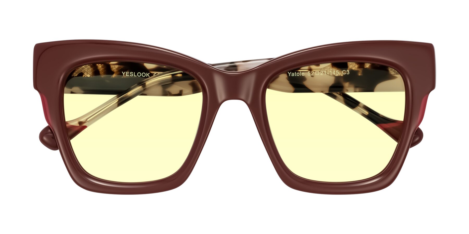 Folded Front of Yatole in Maroon/Ivory Tortoise with Light Yellow Tinted Lenses