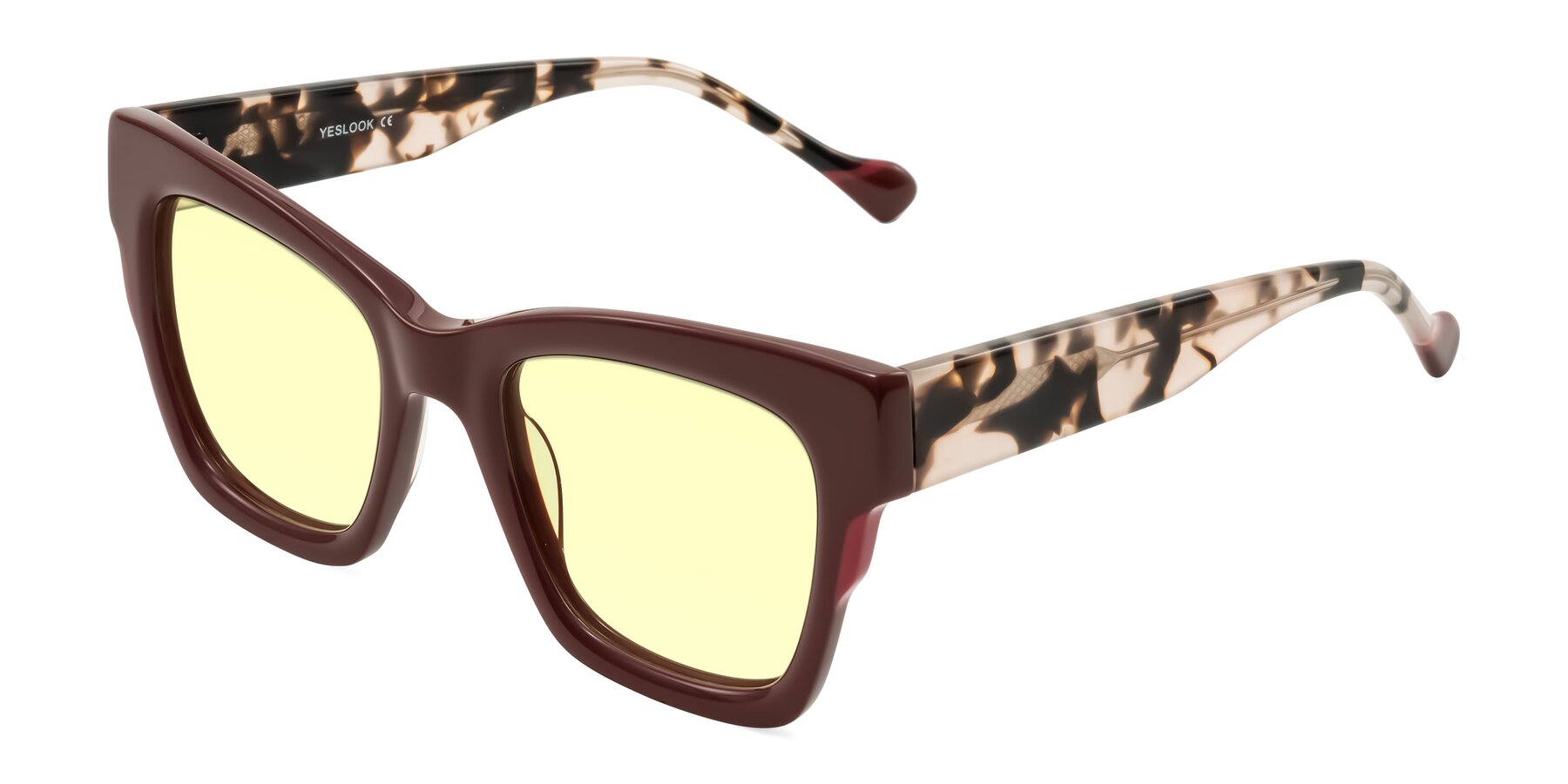 Angle of Yatole in Maroon/Ivory Tortoise with Light Yellow Tinted Lenses