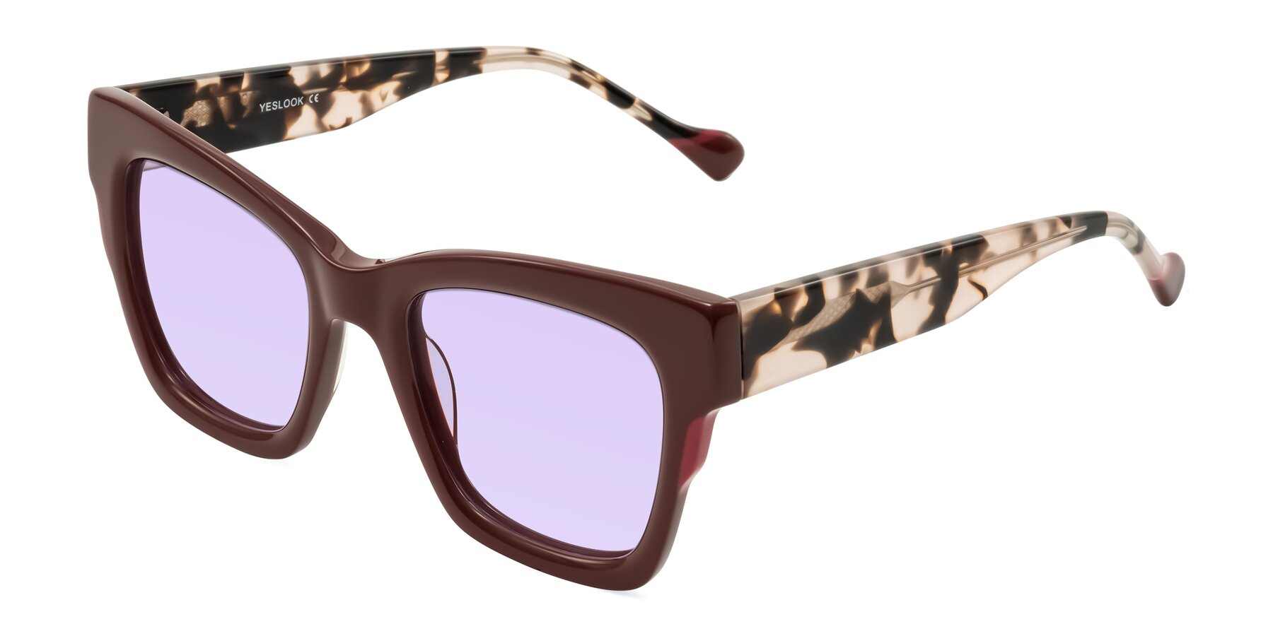 Angle of Yatole in Maroon/Ivory Tortoise with Light Purple Tinted Lenses