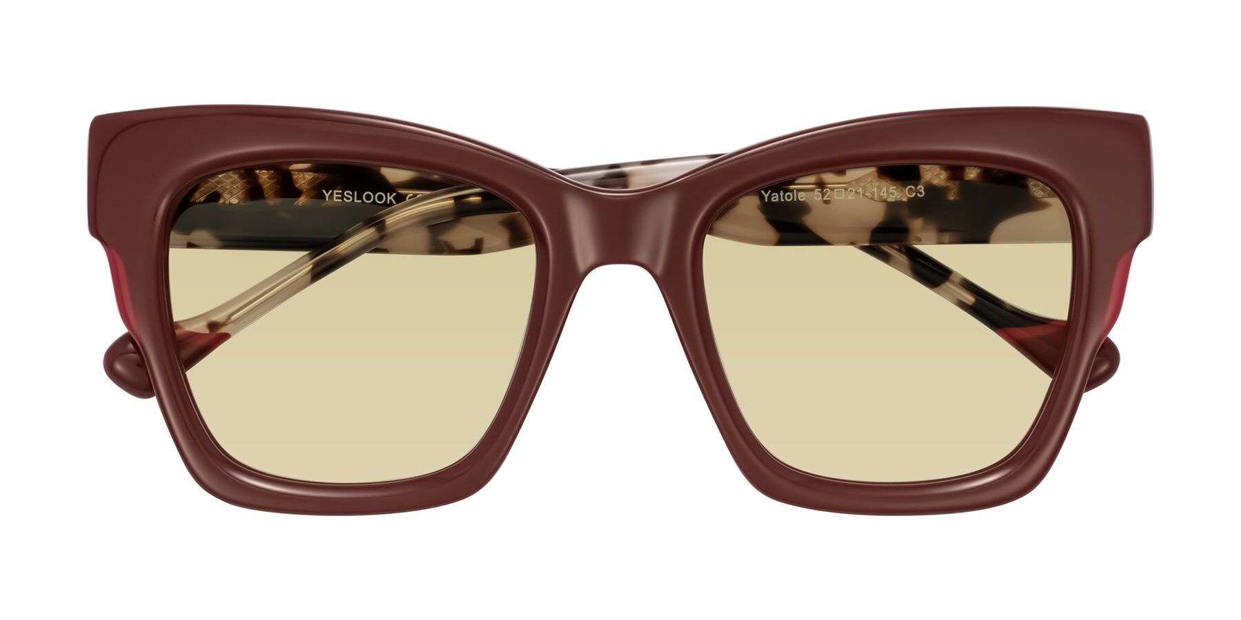 Folded Front of Yatole in Maroon/Ivory Tortoise with Light Champagne Tinted Lenses