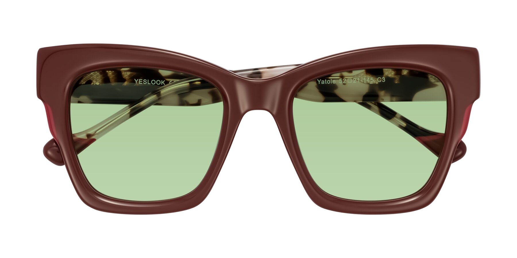 Folded Front of Yatole in Maroon/Ivory Tortoise with Medium Green Tinted Lenses
