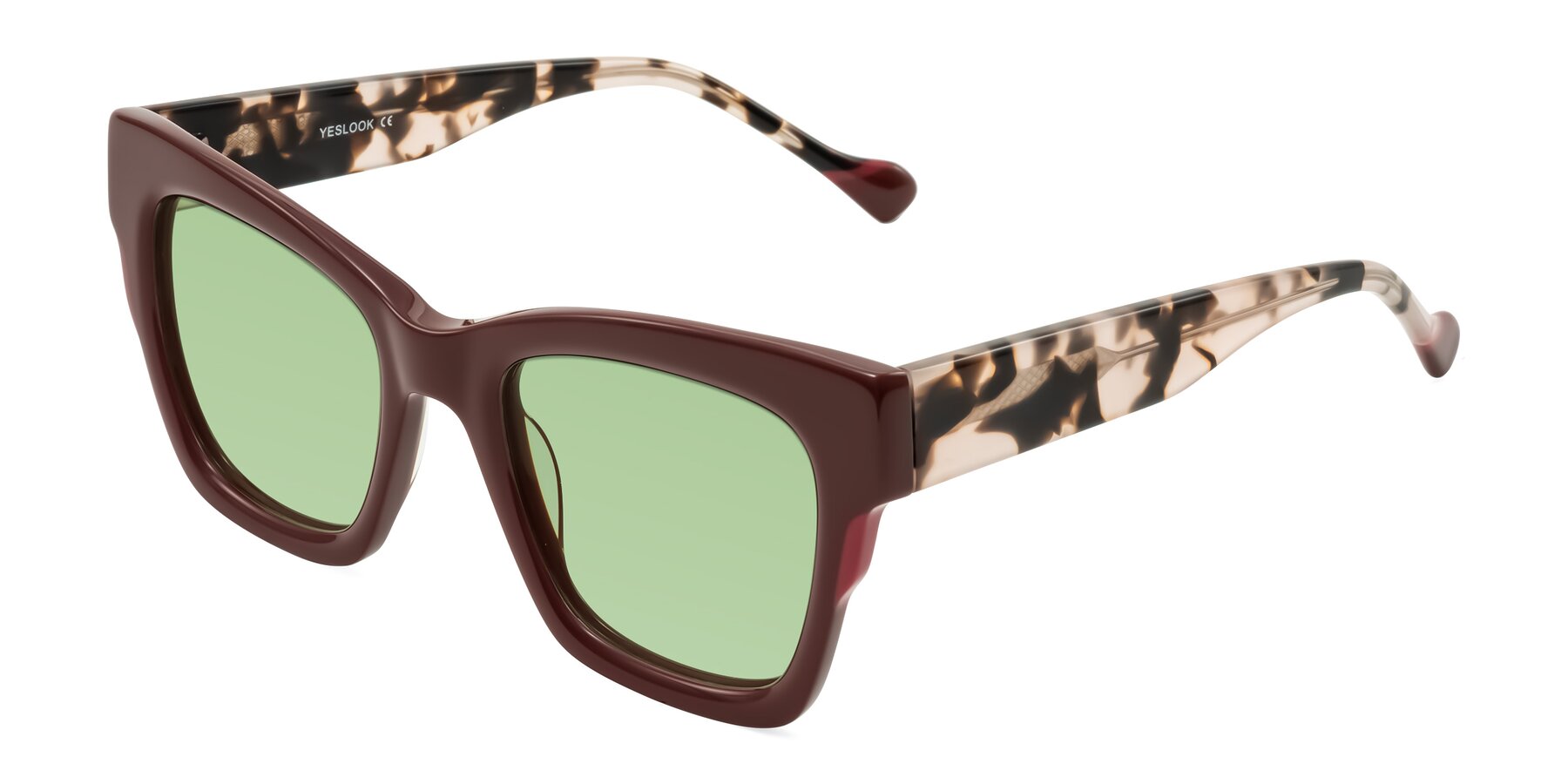 Angle of Yatole in Maroon/Ivory Tortoise with Medium Green Tinted Lenses