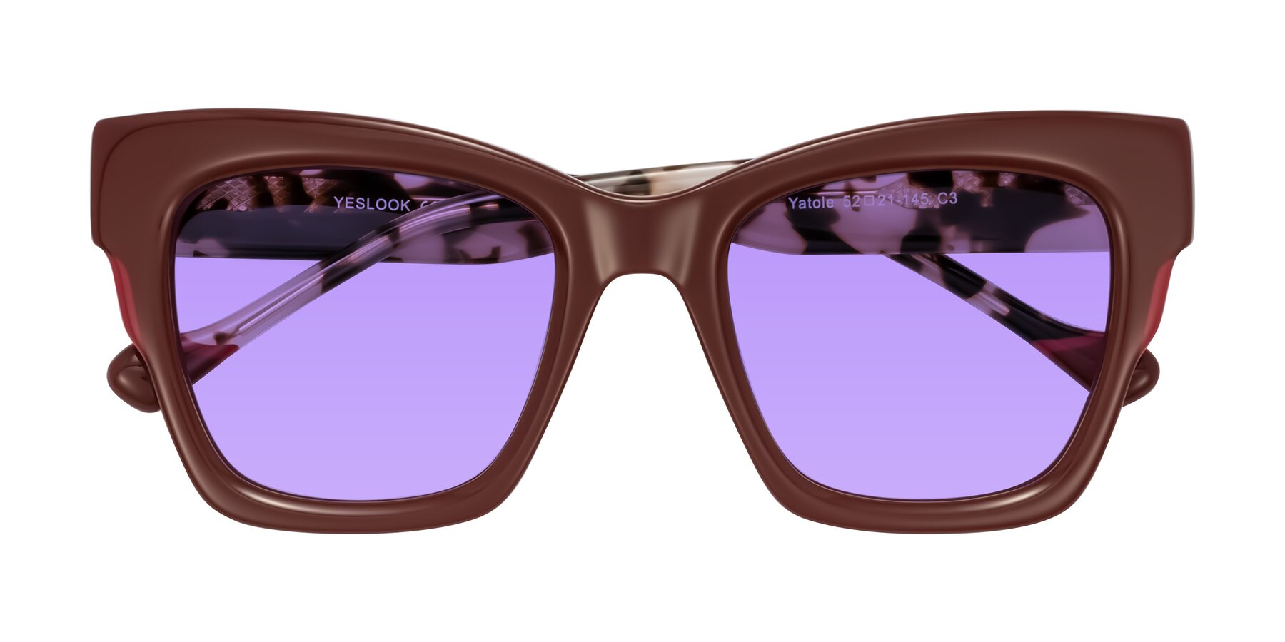 Folded Front of Yatole in Maroon/Ivory Tortoise with Medium Purple Tinted Lenses
