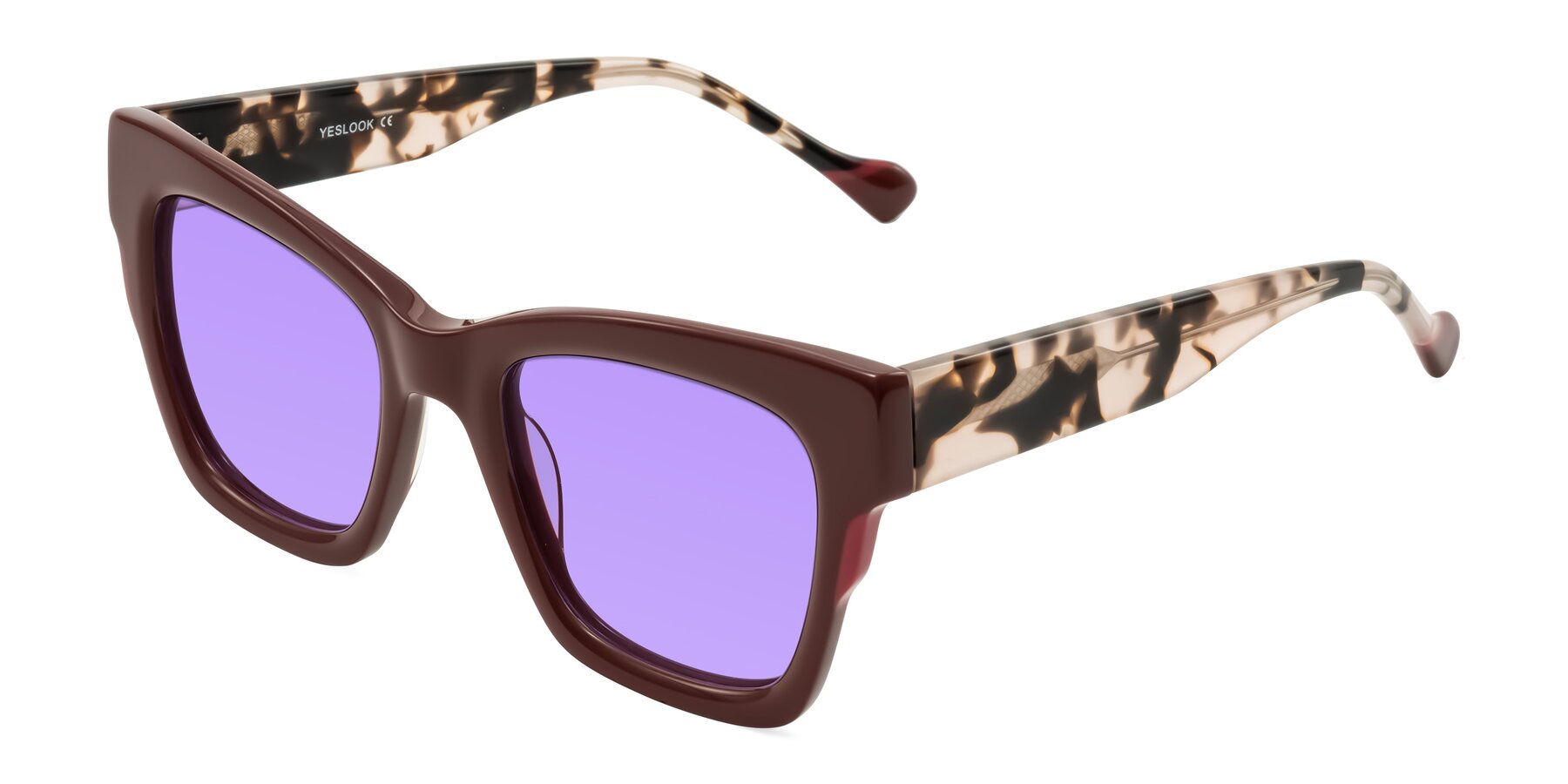Angle of Yatole in Maroon/Ivory Tortoise with Medium Purple Tinted Lenses