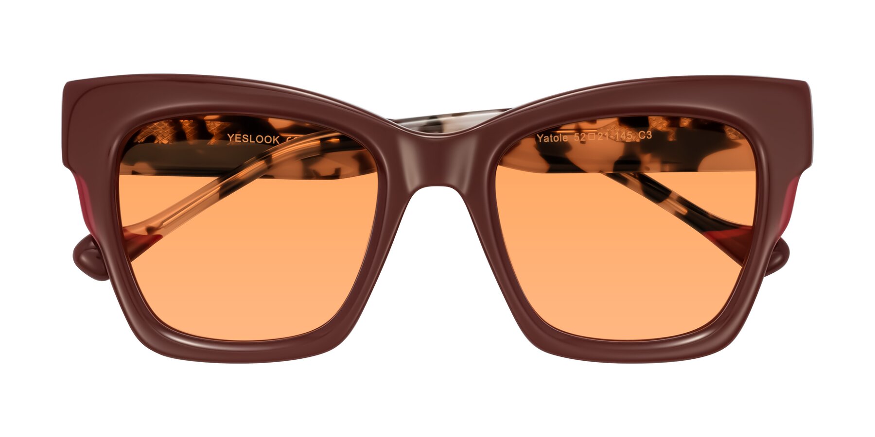 Folded Front of Yatole in Maroon/Ivory Tortoise with Medium Orange Tinted Lenses