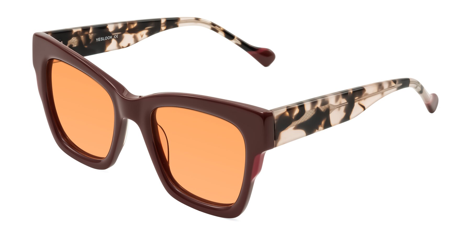 Angle of Yatole in Maroon/Ivory Tortoise with Medium Orange Tinted Lenses