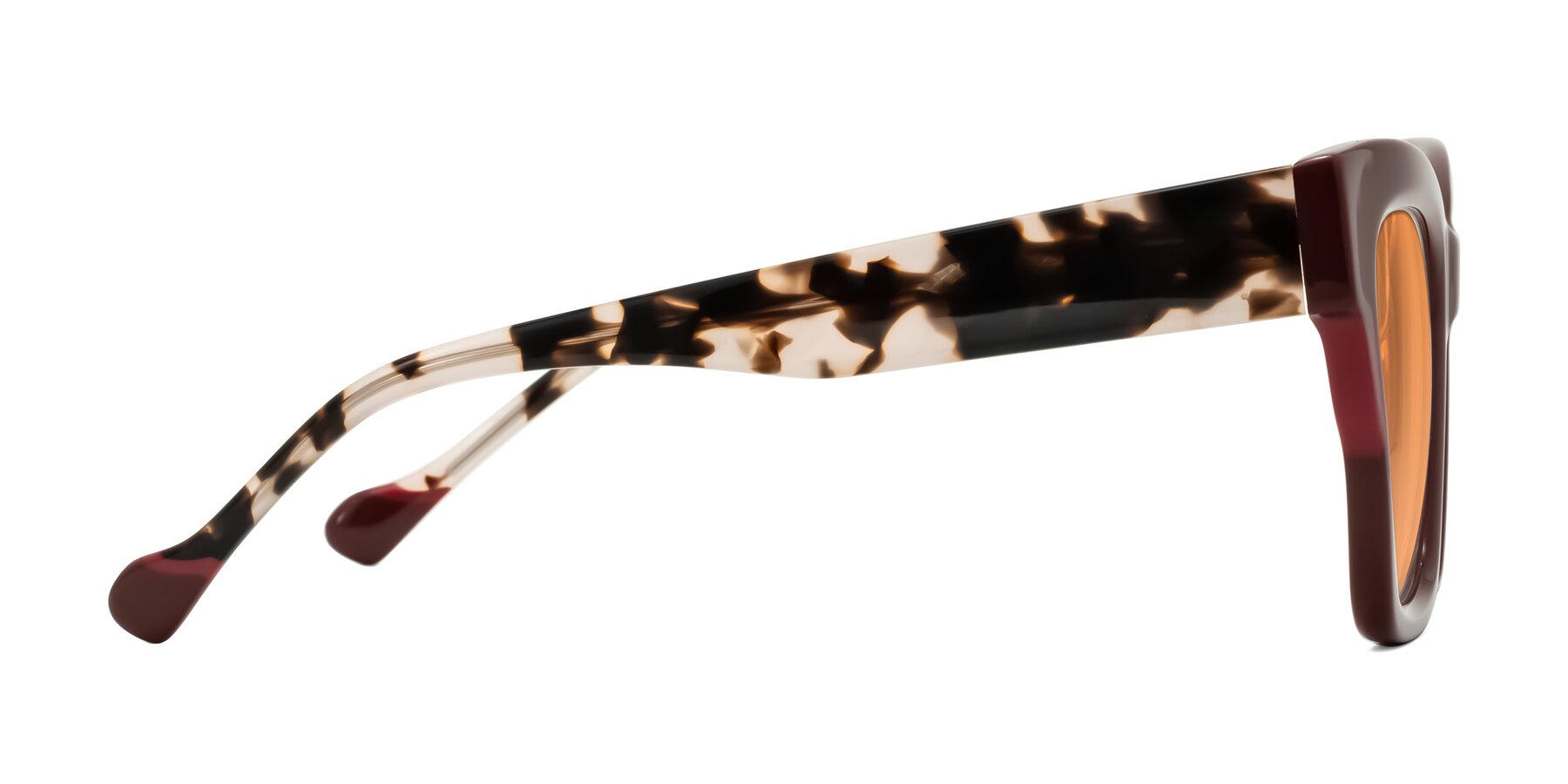 Side of Yatole in Maroon/Ivory Tortoise with Medium Orange Tinted Lenses
