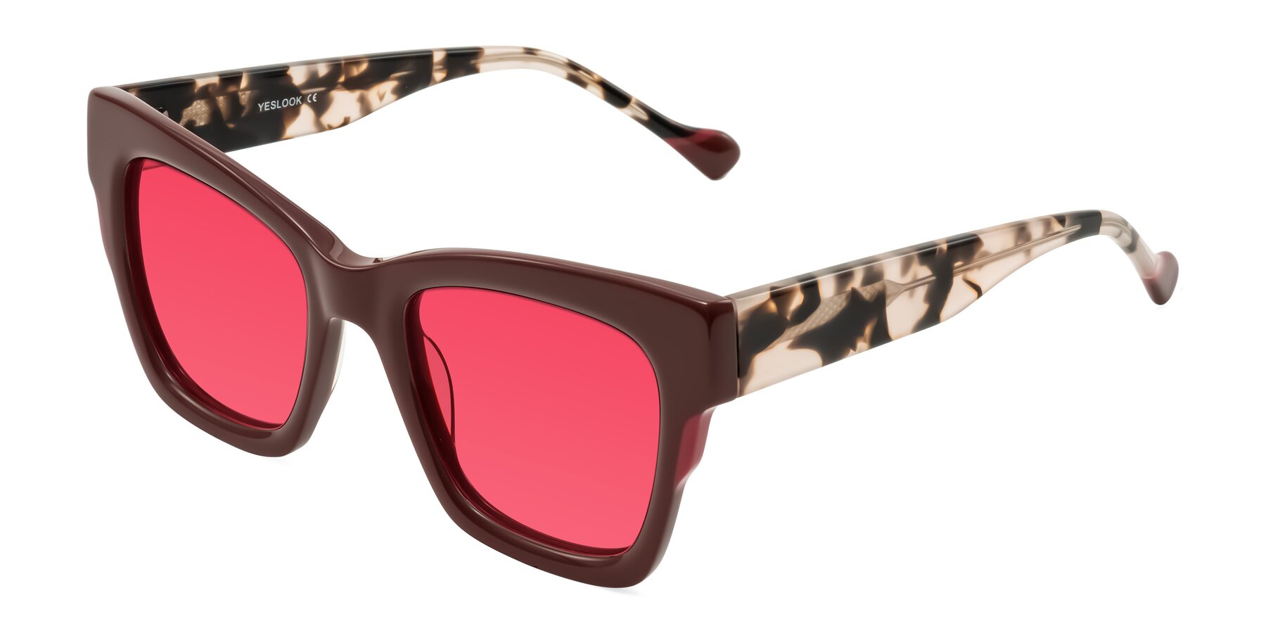 Angle of Yatole in Maroon/Ivory Tortoise with Red Tinted Lenses