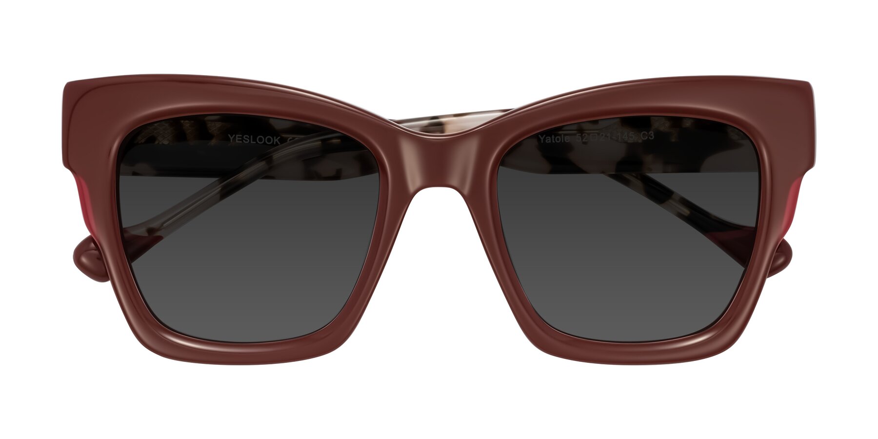 Folded Front of Yatole in Maroon/Ivory Tortoise with Gray Tinted Lenses