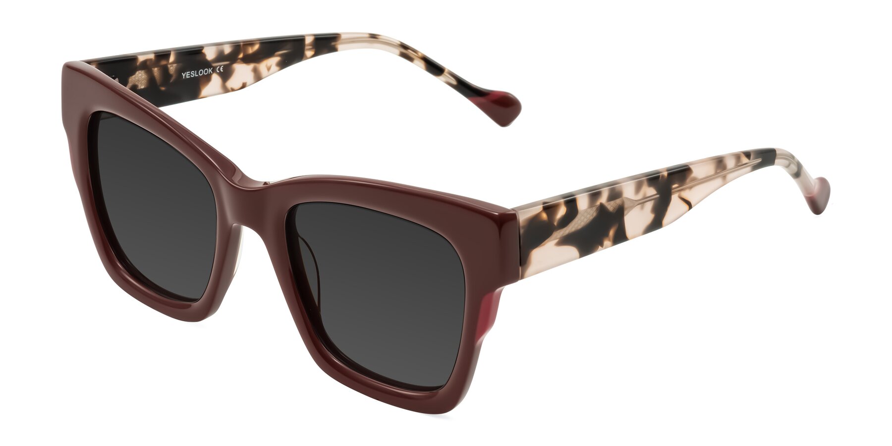 Angle of Yatole in Maroon/Ivory Tortoise with Gray Tinted Lenses