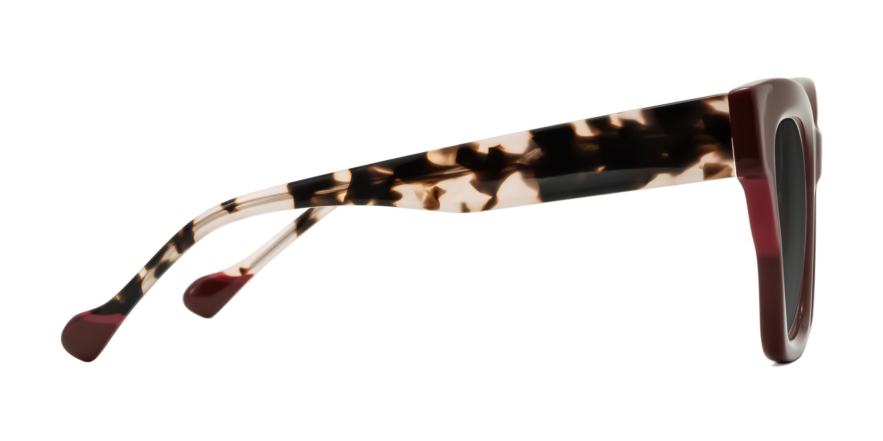 Side of Yatole in Maroon/Ivory Tortoise with Gray Tinted Lenses