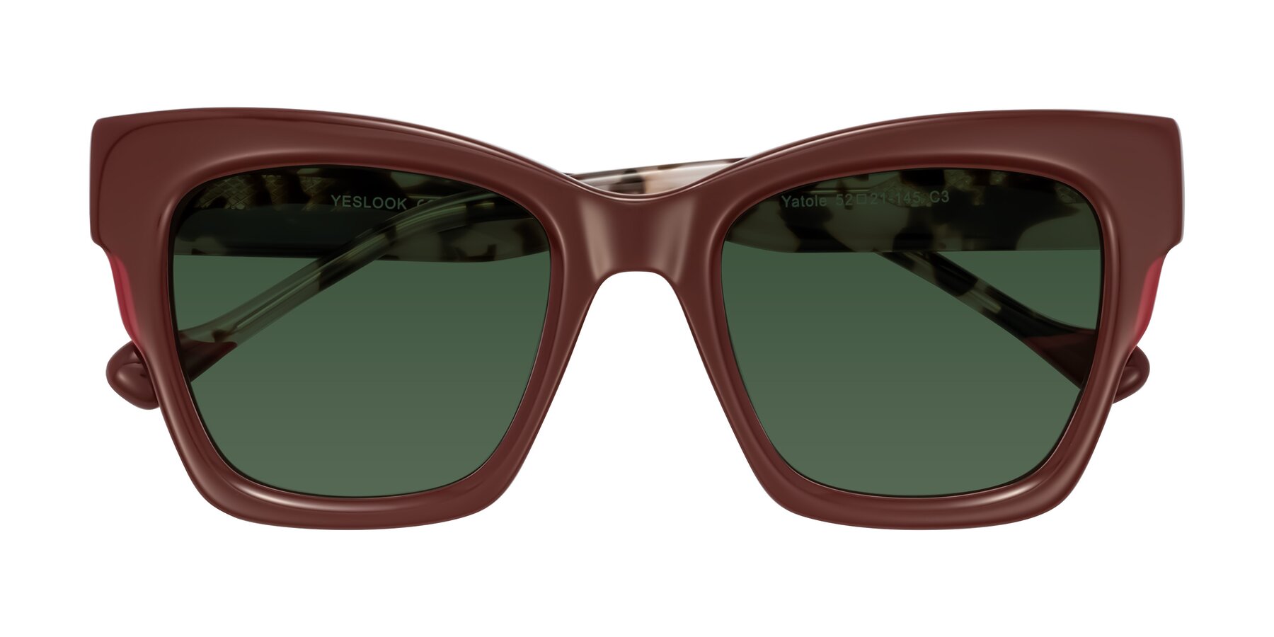 Folded Front of Yatole in Maroon/Ivory Tortoise with Green Tinted Lenses