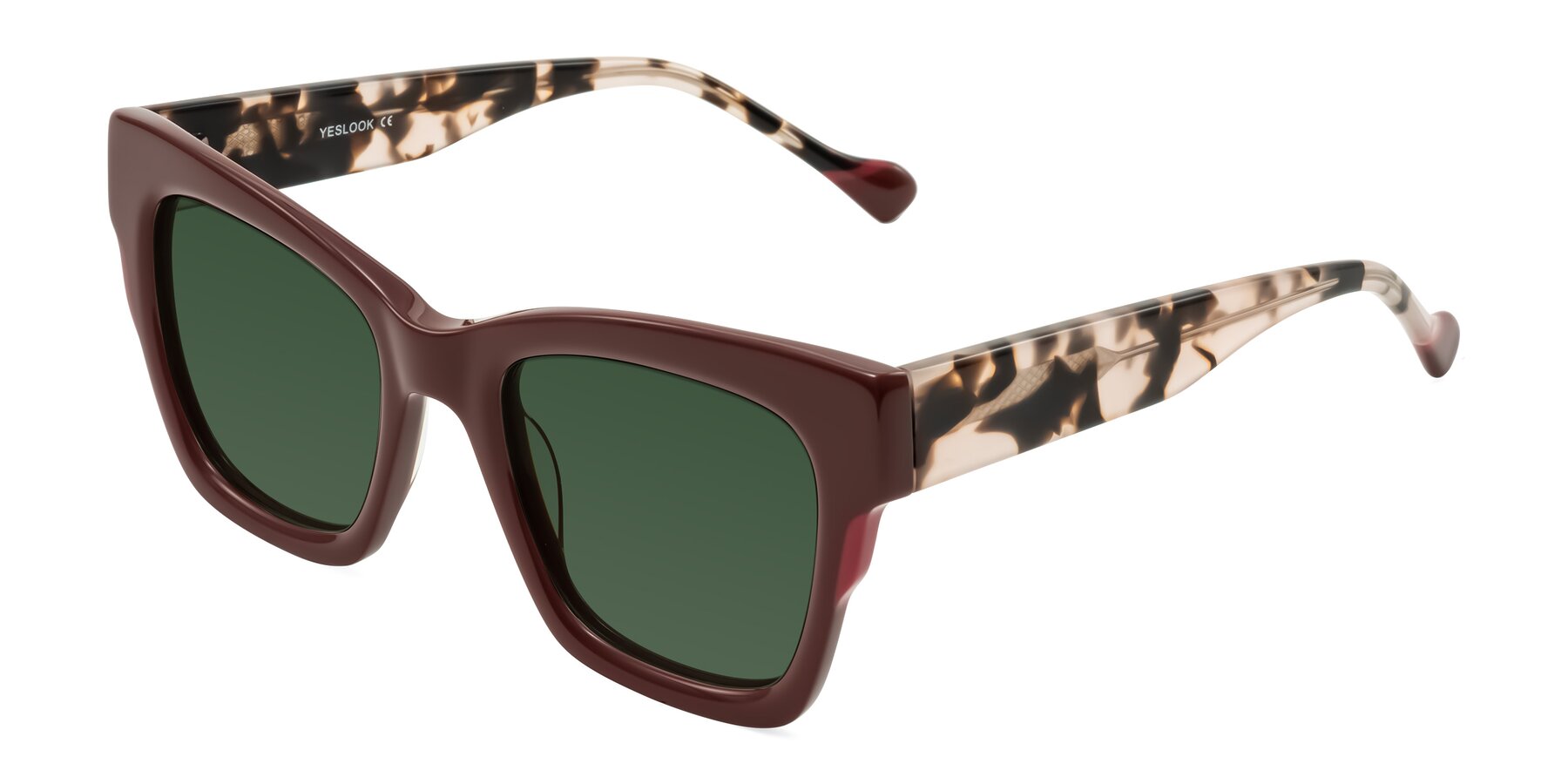 Angle of Yatole in Maroon/Ivory Tortoise with Green Tinted Lenses