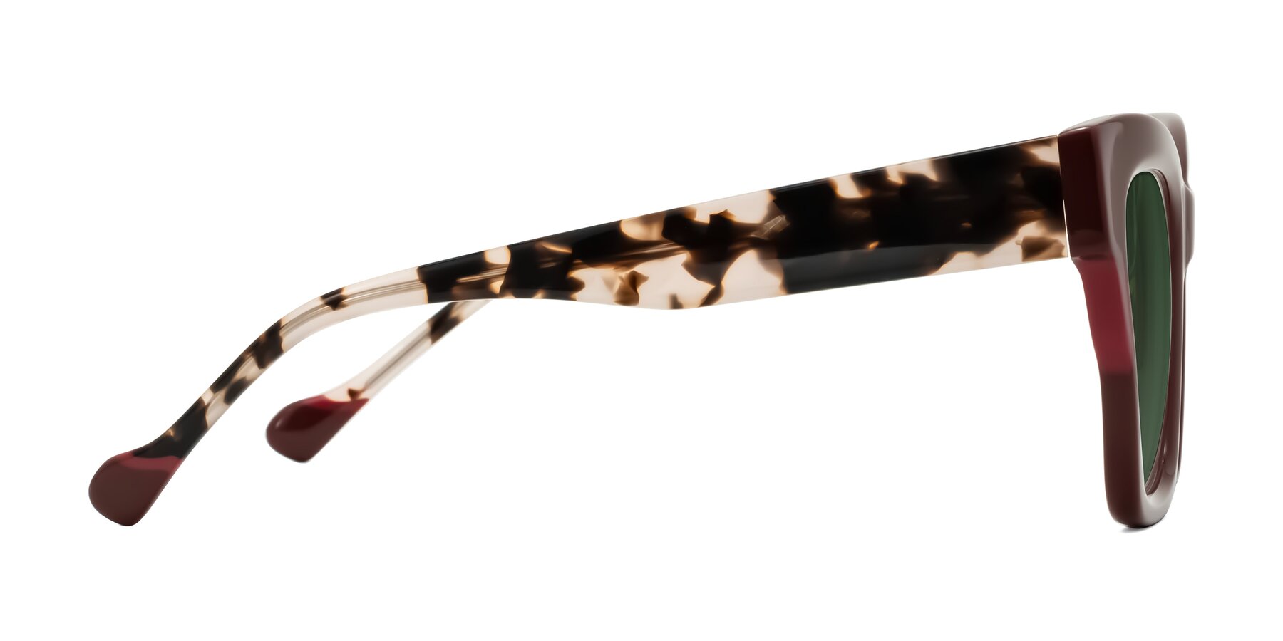 Side of Yatole in Maroon/Ivory Tortoise with Green Tinted Lenses