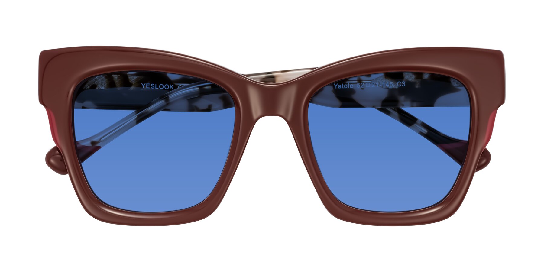 Folded Front of Yatole in Maroon/Ivory Tortoise with Blue Tinted Lenses