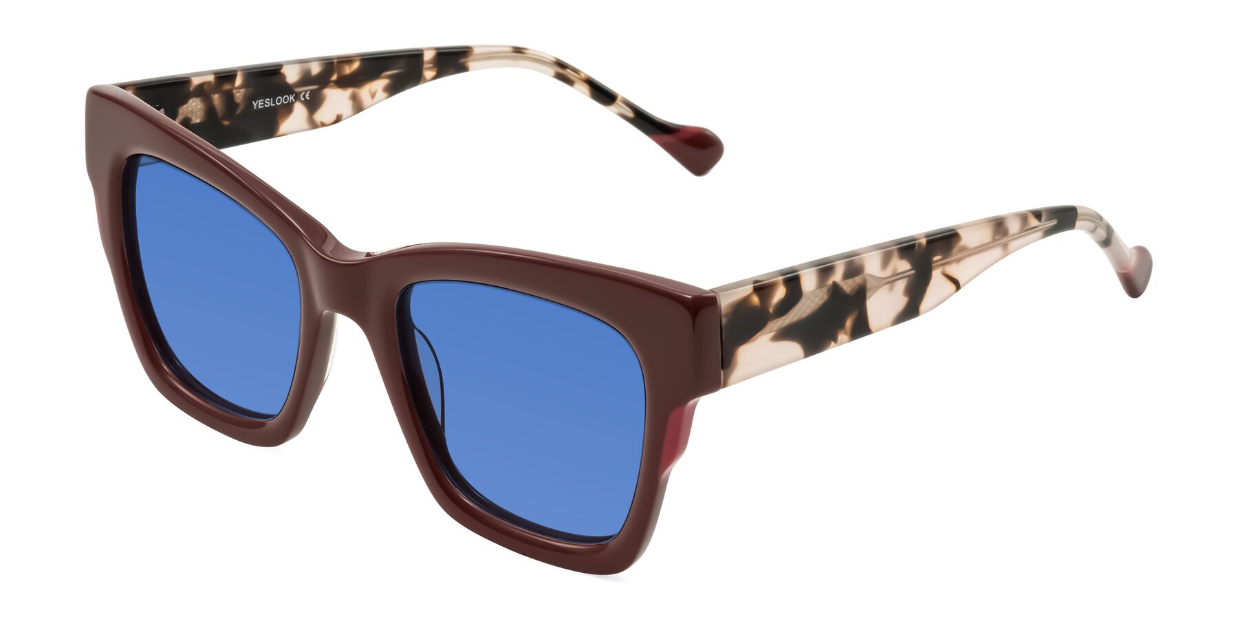 Angle of Yatole in Maroon/Ivory Tortoise with Blue Tinted Lenses