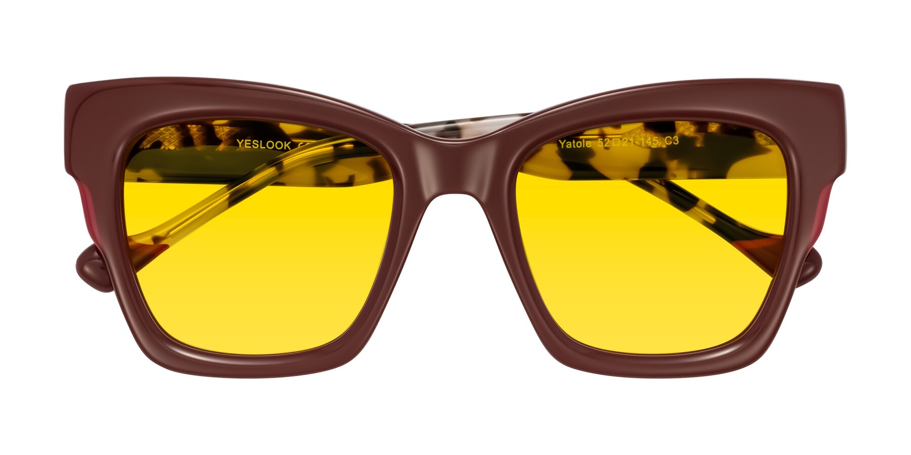 Folded Front of Yatole in Maroon/Ivory Tortoise with Yellow Tinted Lenses