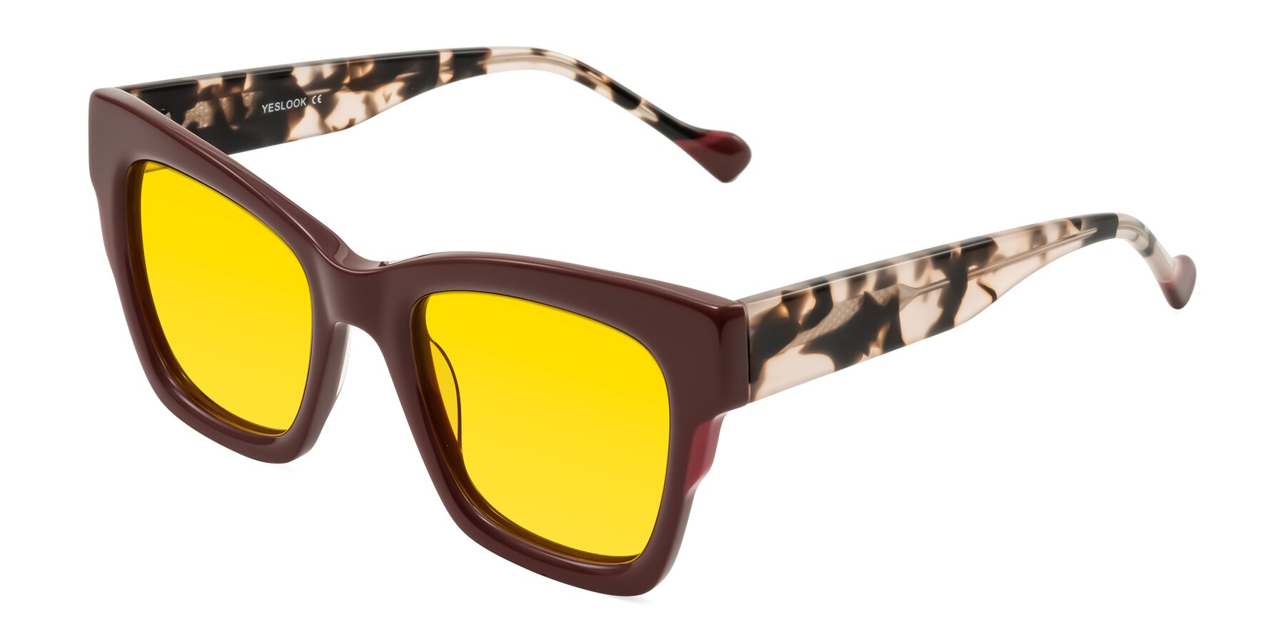 Angle of Yatole in Maroon/Ivory Tortoise with Yellow Tinted Lenses