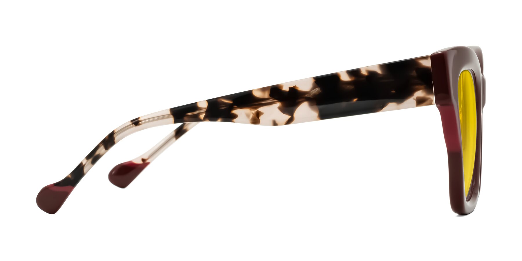 Side of Yatole in Maroon/Ivory Tortoise with Yellow Tinted Lenses