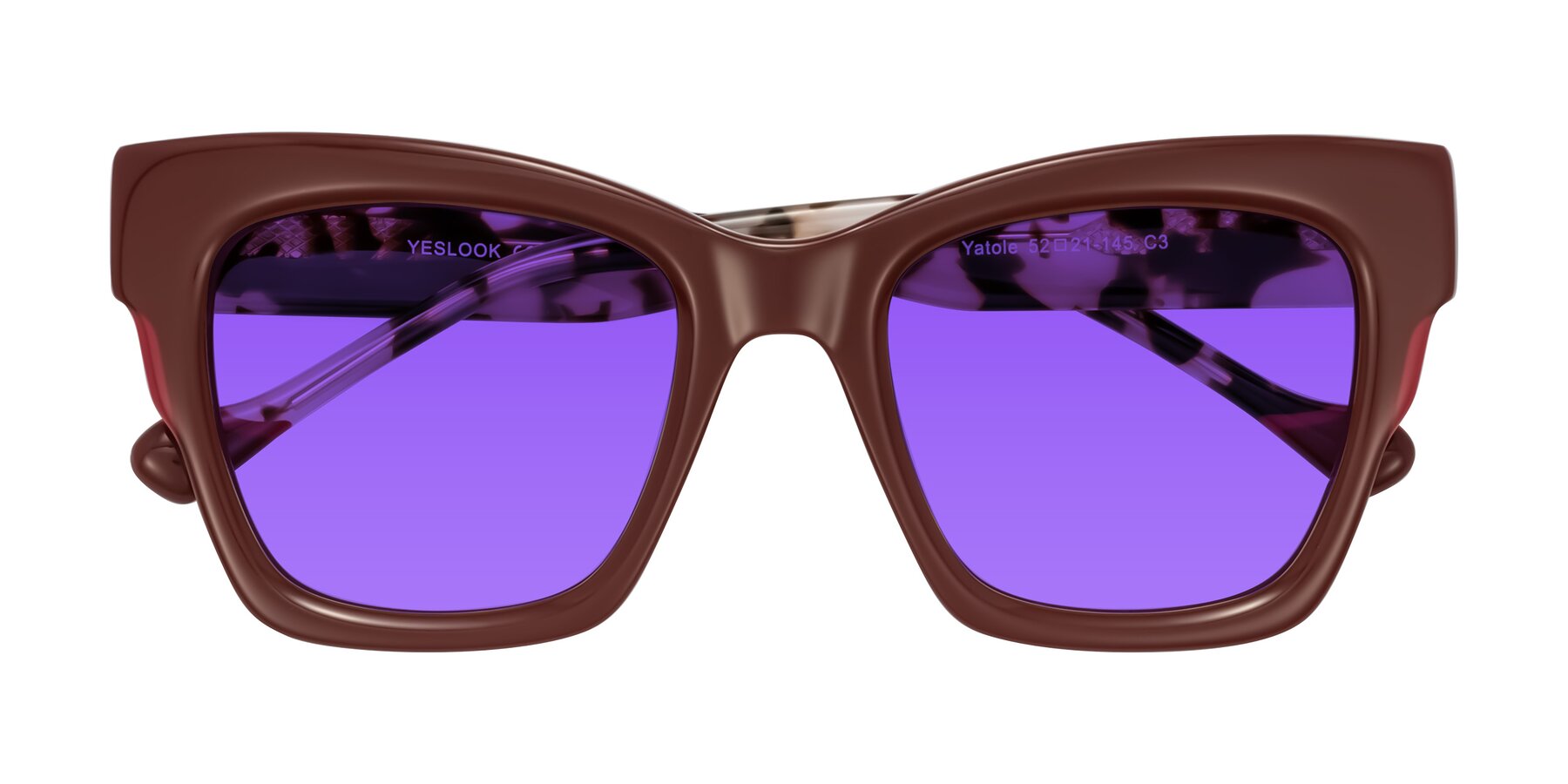 Folded Front of Yatole in Maroon/Ivory Tortoise with Purple Tinted Lenses