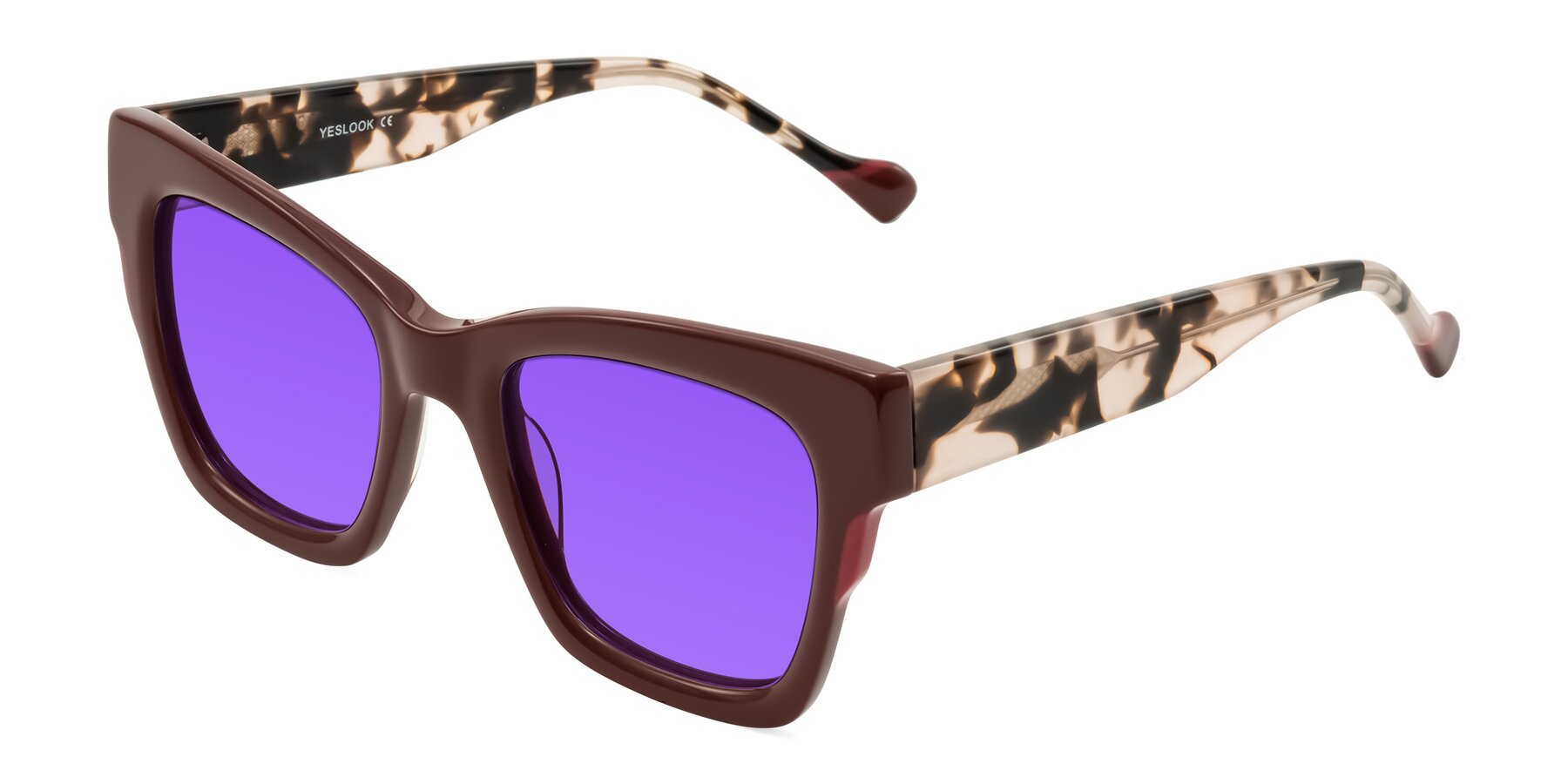 Angle of Yatole in Maroon/Ivory Tortoise with Purple Tinted Lenses