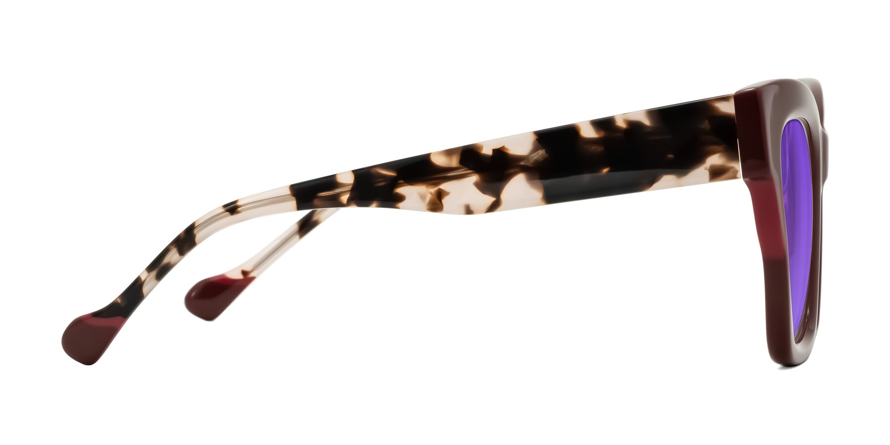 Side of Yatole in Maroon/Ivory Tortoise with Purple Tinted Lenses