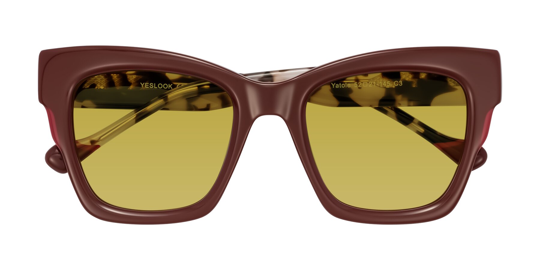 Folded Front of Yatole in Maroon/Ivory Tortoise with Champagne Tinted Lenses