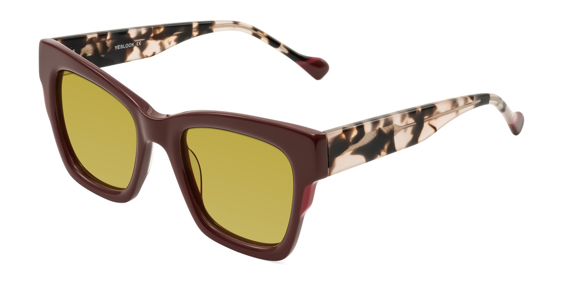 Angle of Yatole in Maroon/Ivory Tortoise with Champagne Tinted Lenses