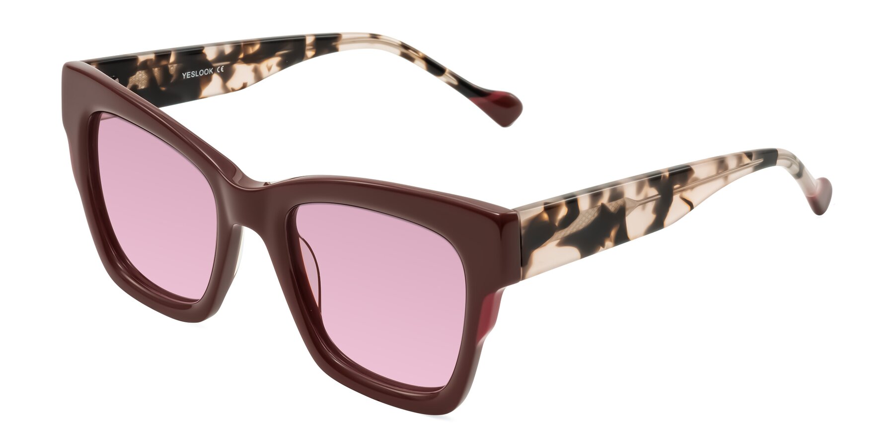 Angle of Yatole in Maroon/Ivory Tortoise with Light Wine Tinted Lenses
