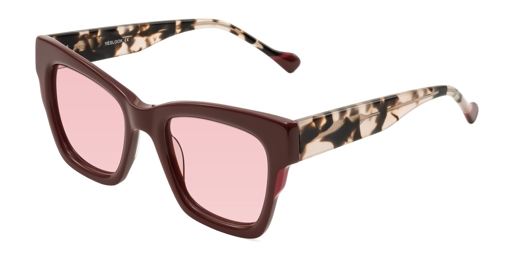 Angle of Yatole in Maroon/Ivory Tortoise with Light Garnet Tinted Lenses