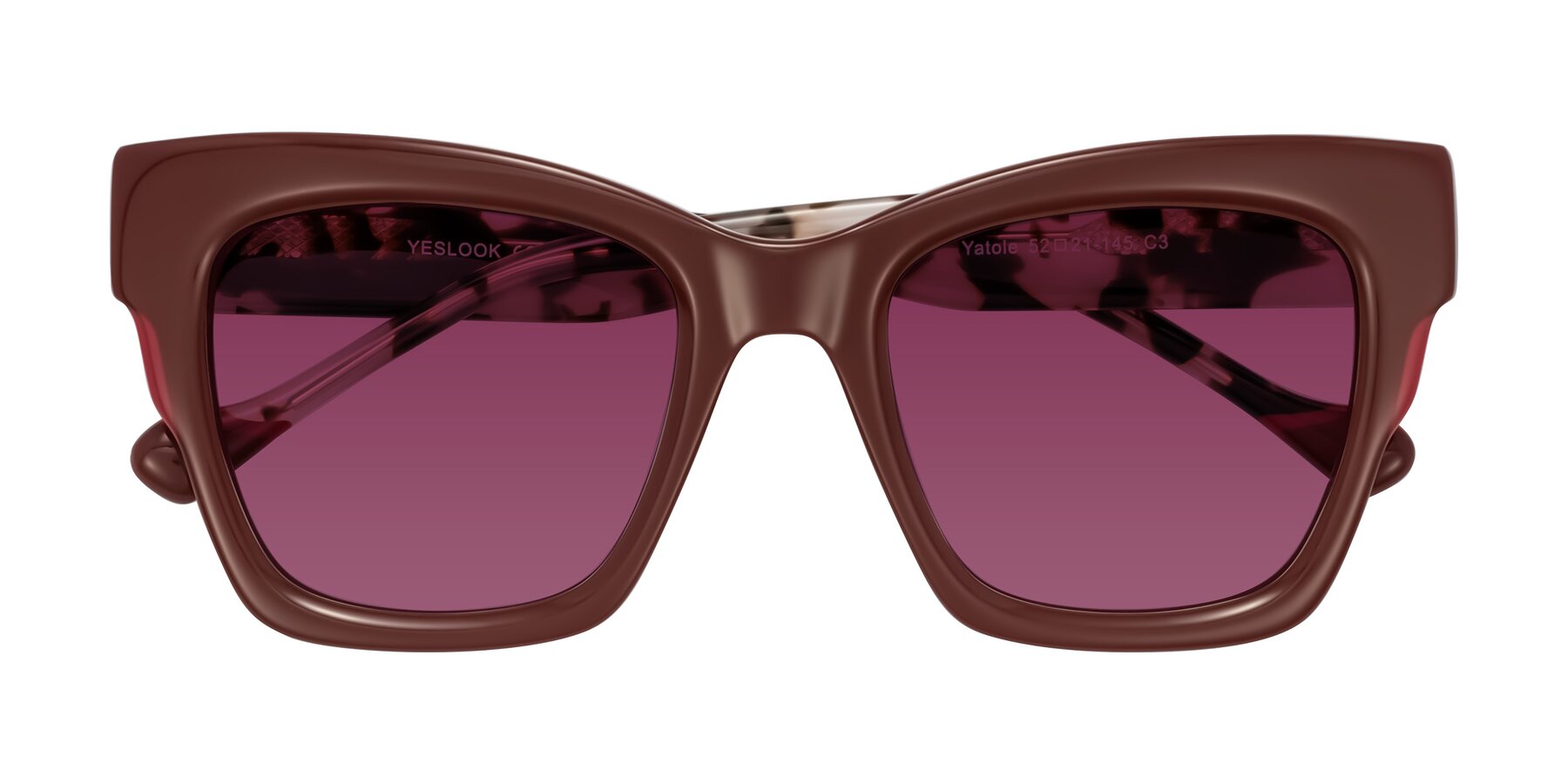 Folded Front of Yatole in Maroon/Ivory Tortoise with Wine Tinted Lenses