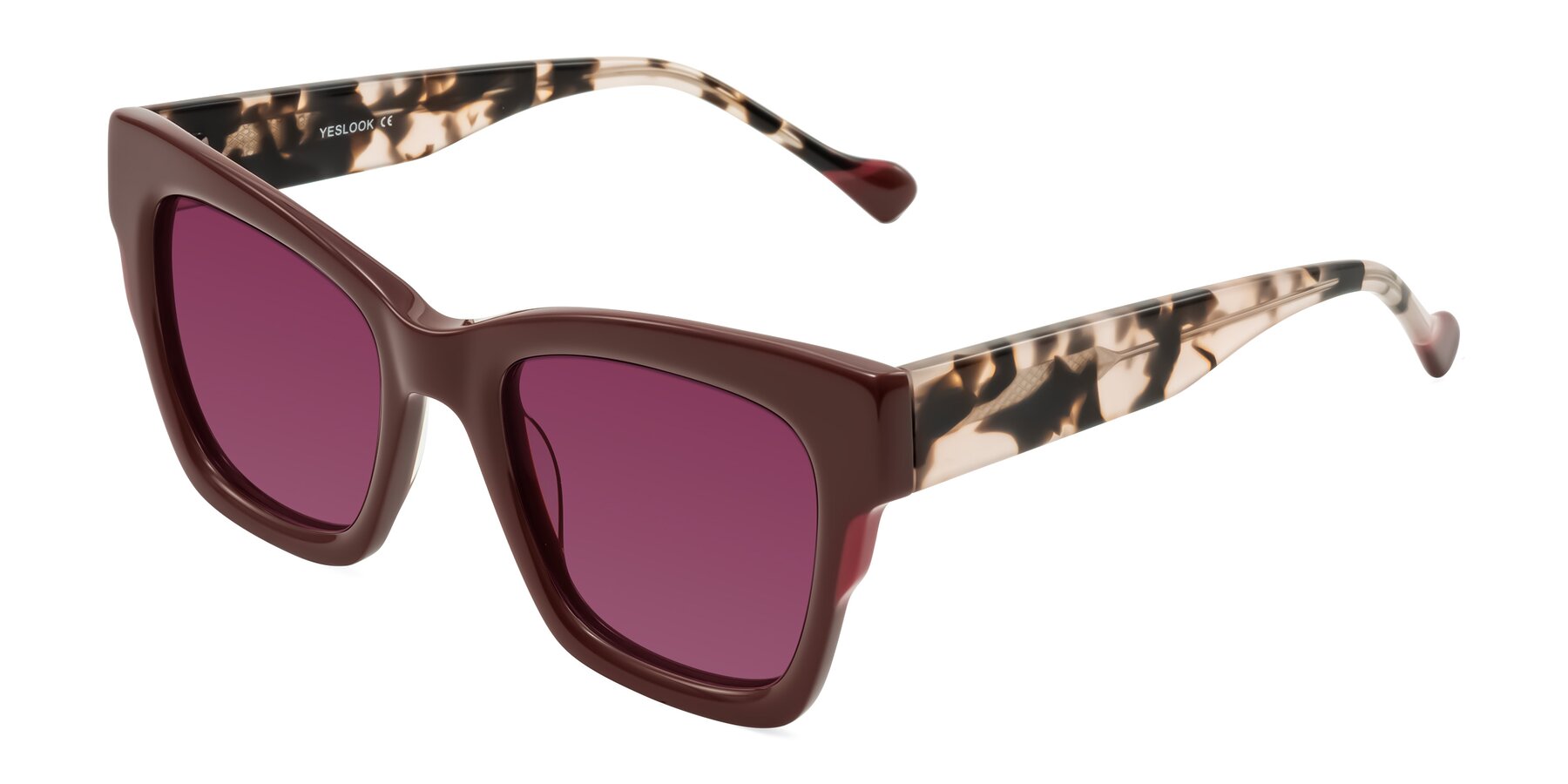 Angle of Yatole in Maroon/Ivory Tortoise with Wine Tinted Lenses