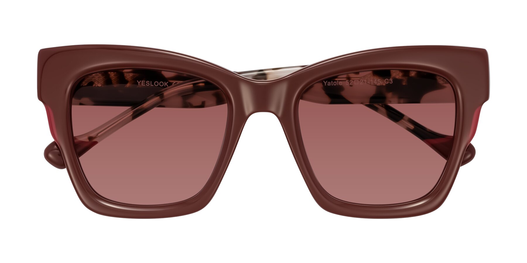 Folded Front of Yatole in Maroon/Ivory Tortoise with Garnet Tinted Lenses
