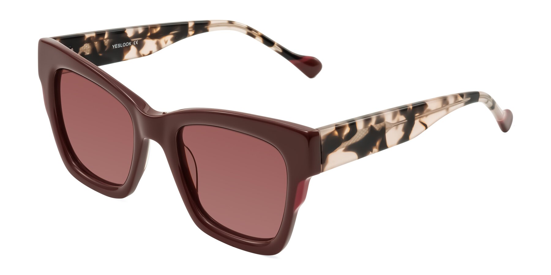Angle of Yatole in Maroon/Ivory Tortoise with Garnet Tinted Lenses