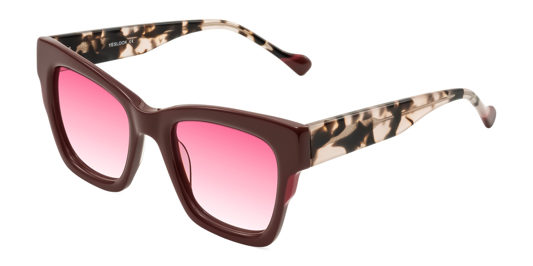 Angle of Yatole in Maroon/Ivory Tortoise with Pink Gradient Lenses