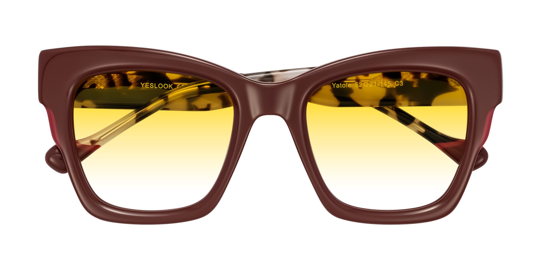 Folded Front of Yatole in Maroon/Ivory Tortoise with Yellow Gradient Lenses