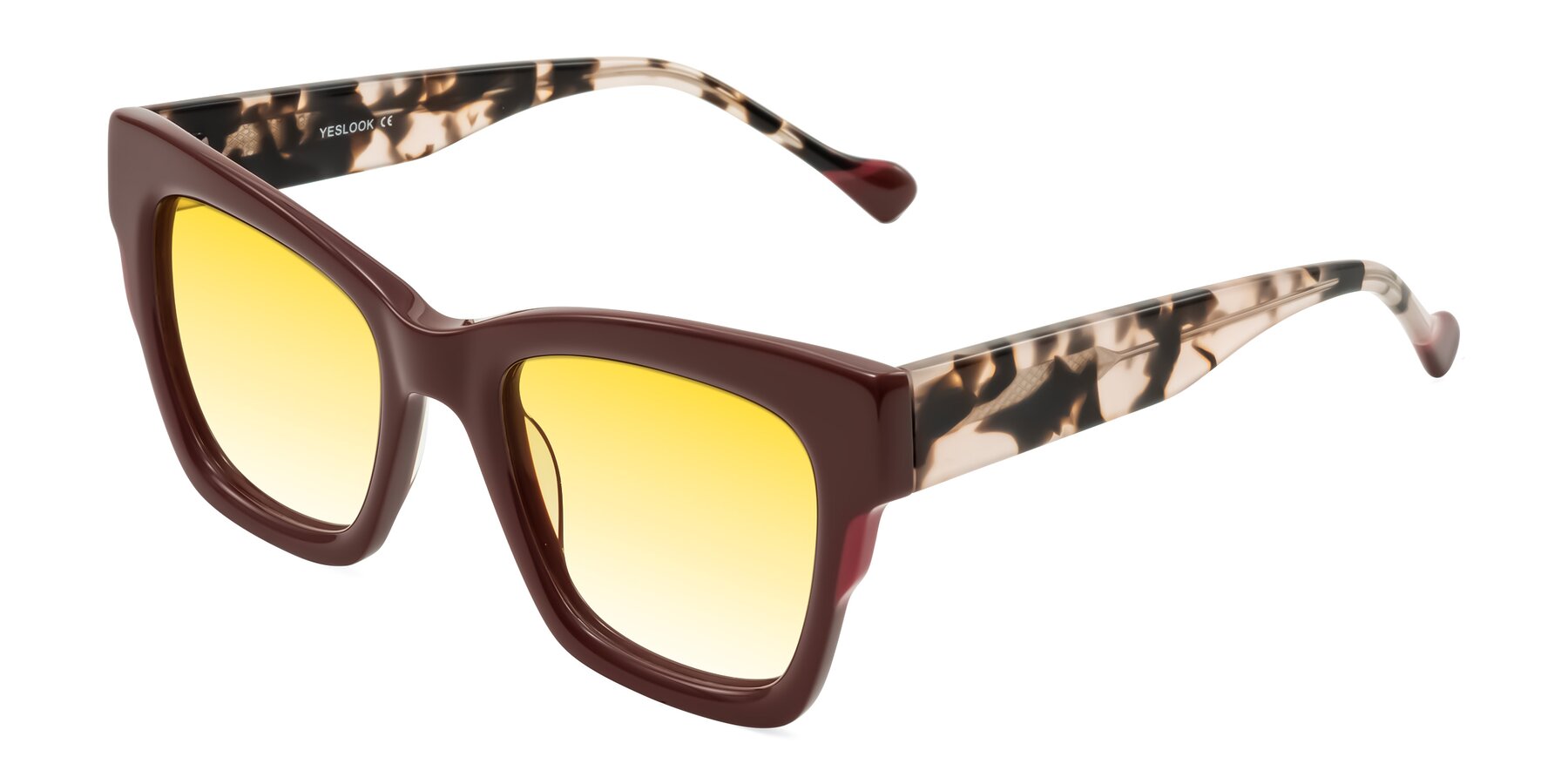 Angle of Yatole in Maroon/Ivory Tortoise with Yellow Gradient Lenses