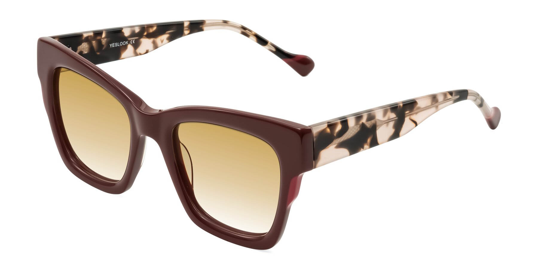Angle of Yatole in Maroon/Ivory Tortoise with Champagne Gradient Lenses