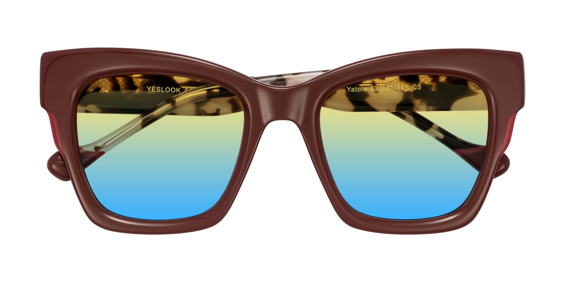 Folded Front of Yatole in Maroon/Ivory Tortoise with Yellow / Blue Gradient Lenses