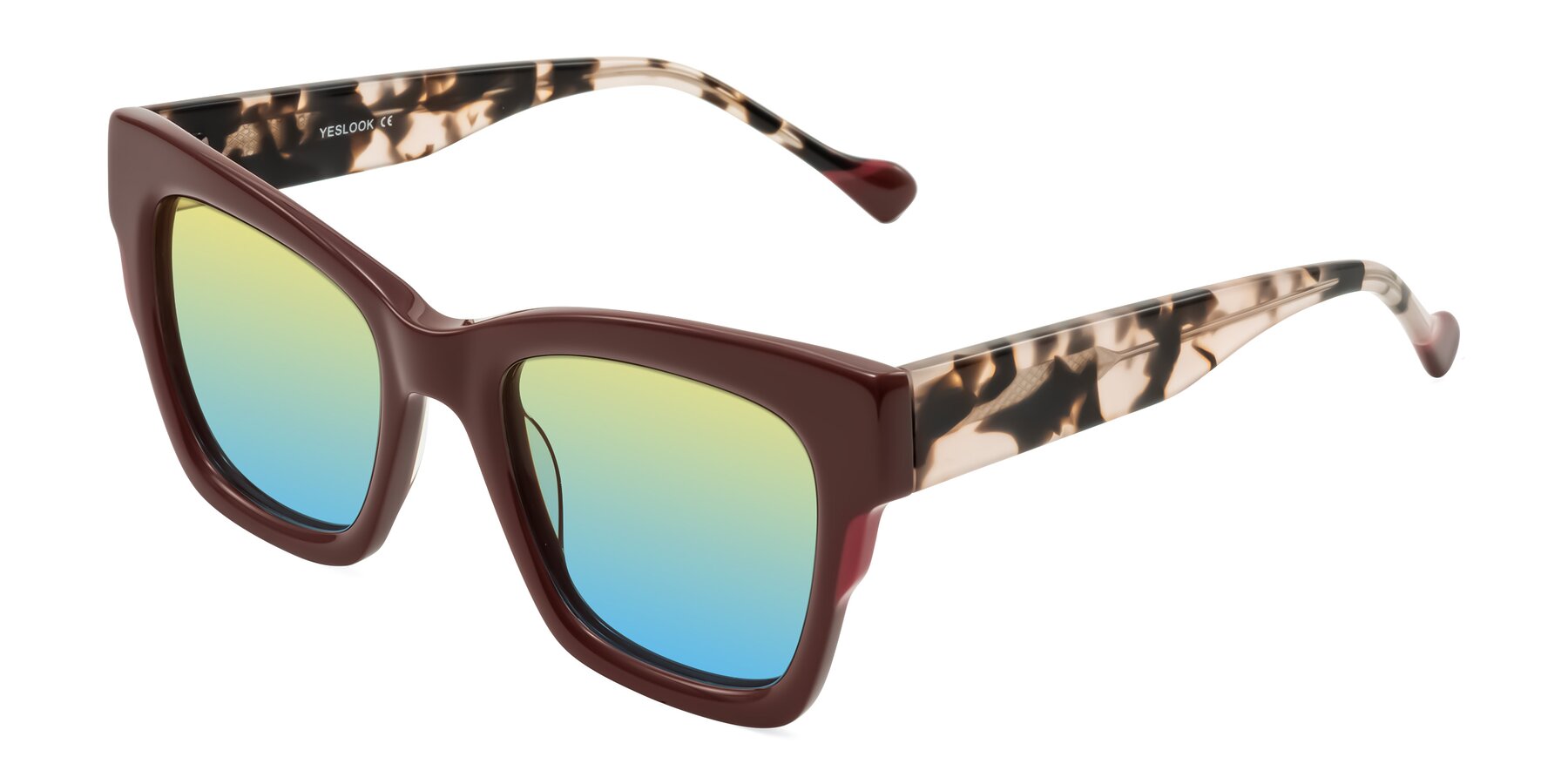 Angle of Yatole in Maroon/Ivory Tortoise with Yellow / Blue Gradient Lenses