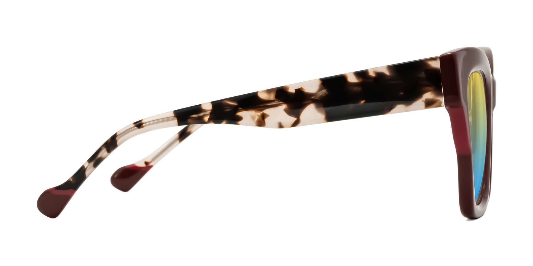 Side of Yatole in Maroon/Ivory Tortoise with Yellow / Blue Gradient Lenses