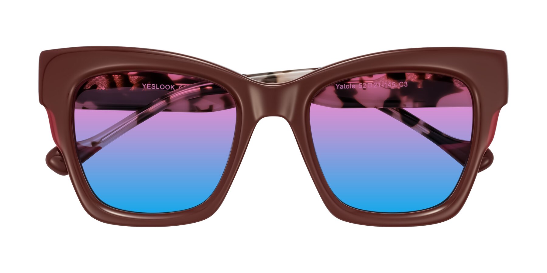 Folded Front of Yatole in Maroon/Ivory Tortoise with Pink / Blue Gradient Lenses